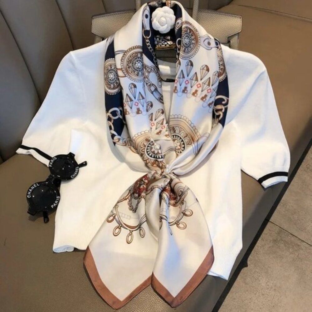 2/$30 White Navy Blue Red Nautical Antique Gold Baroque Printed Fashion Scarf